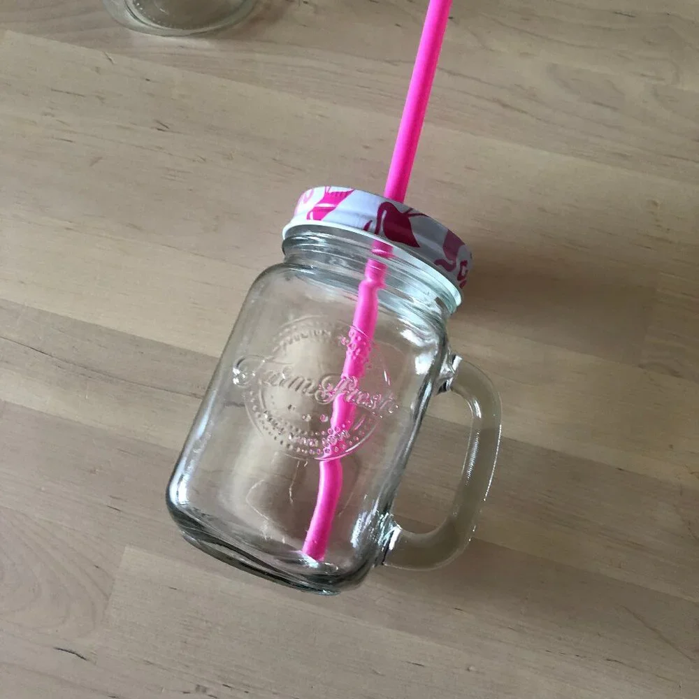 Mason Jar with Handle - Pink Flamingo Lid & Straw